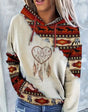 Hoodie with drawstring and ethnic style patchwork pattern, horse print
