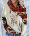 Hoodie with drawstring and ethnic style patchwork pattern, horse print