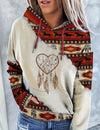 Hoodie with drawstring and ethnic style patchwork pattern, horse print