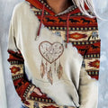 Hoodie with drawstring and ethnic style patchwork pattern, horse print
