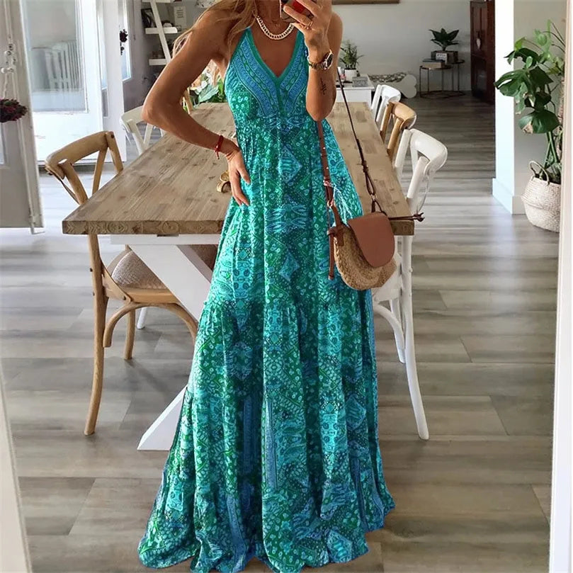 Wren - Boho maxi dress with spaghetti straps and V-neck