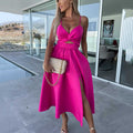 Vanette - Elegant midi dress with straps and front split