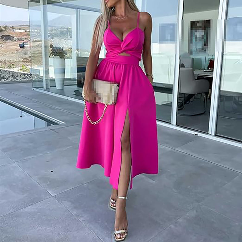 Vanette - Elegant midi dress with straps and front split