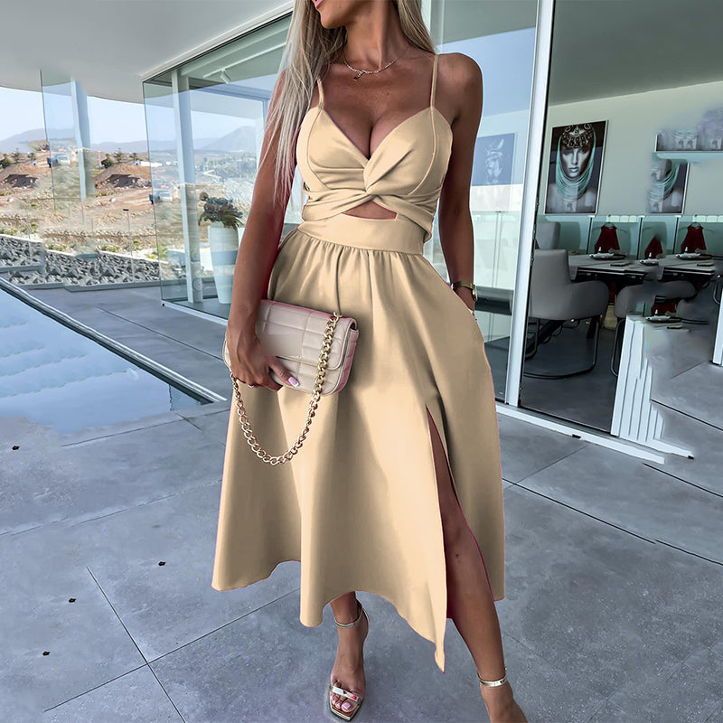 Vanette - Elegant midi dress with straps and front split