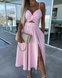 Vanette - Elegant midi dress with straps and front split