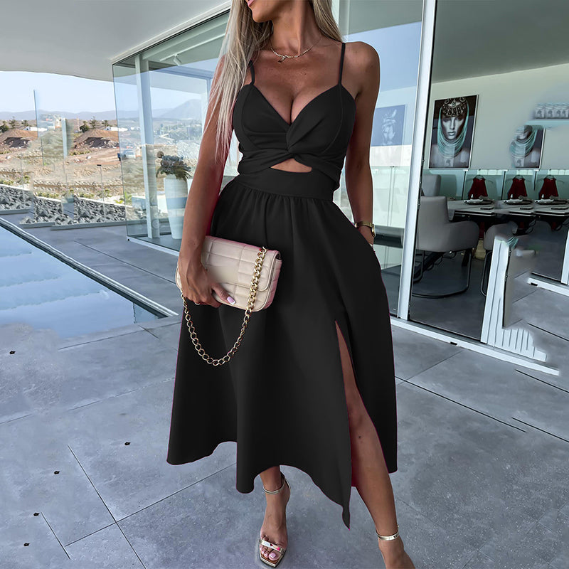 Vanette - Elegant midi dress with straps and front split